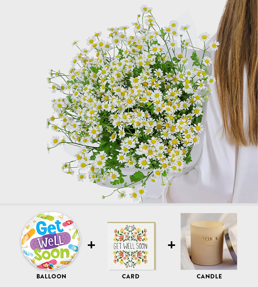 Get Well Soon bouquet bundle with flowers, premium greeting card, and scented candle – thoughtful recovery gift