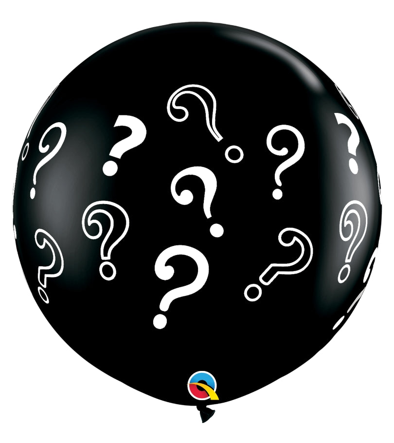 3-inch round latex balloon with question marks, helium-filled – biodegradable, perfect for gender reveal parties