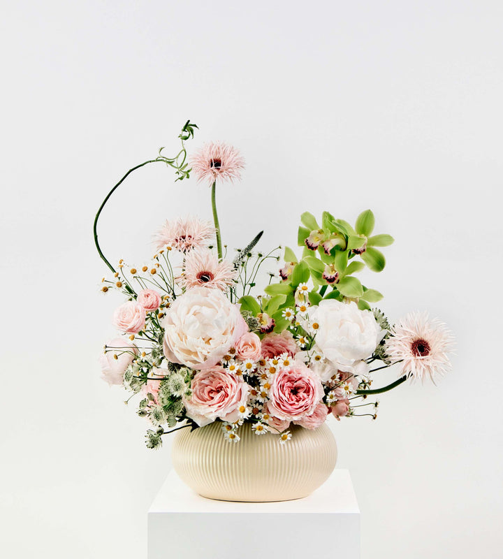 Whispering Bloom floral arrangement with soft blush roses, chamomile, fresh greens, and cymbidium orchids.