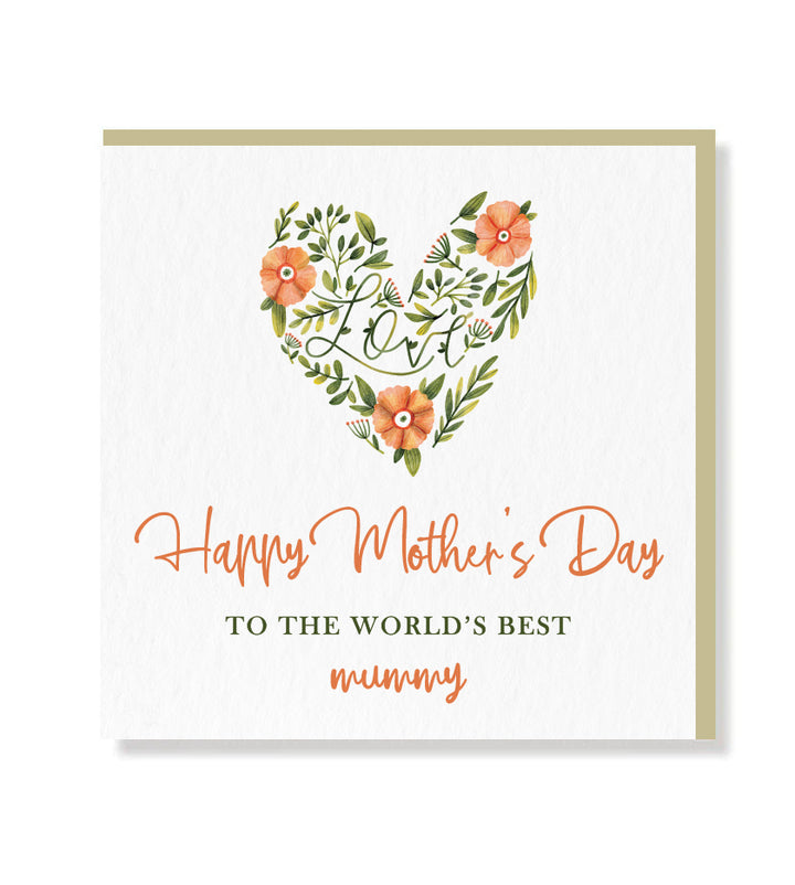 Premium 'To The World's Best Mum' greeting card with matt finish lettering and beige envelope – blank inside for personal message