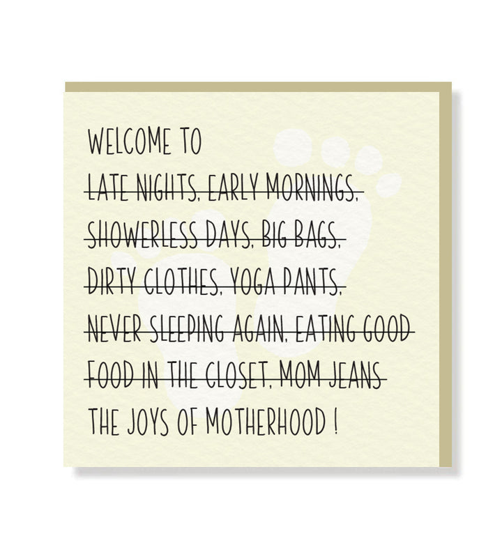 Motherhood premium greeting card with matt finish lettering, blank inside for personal message, includes beige envelope