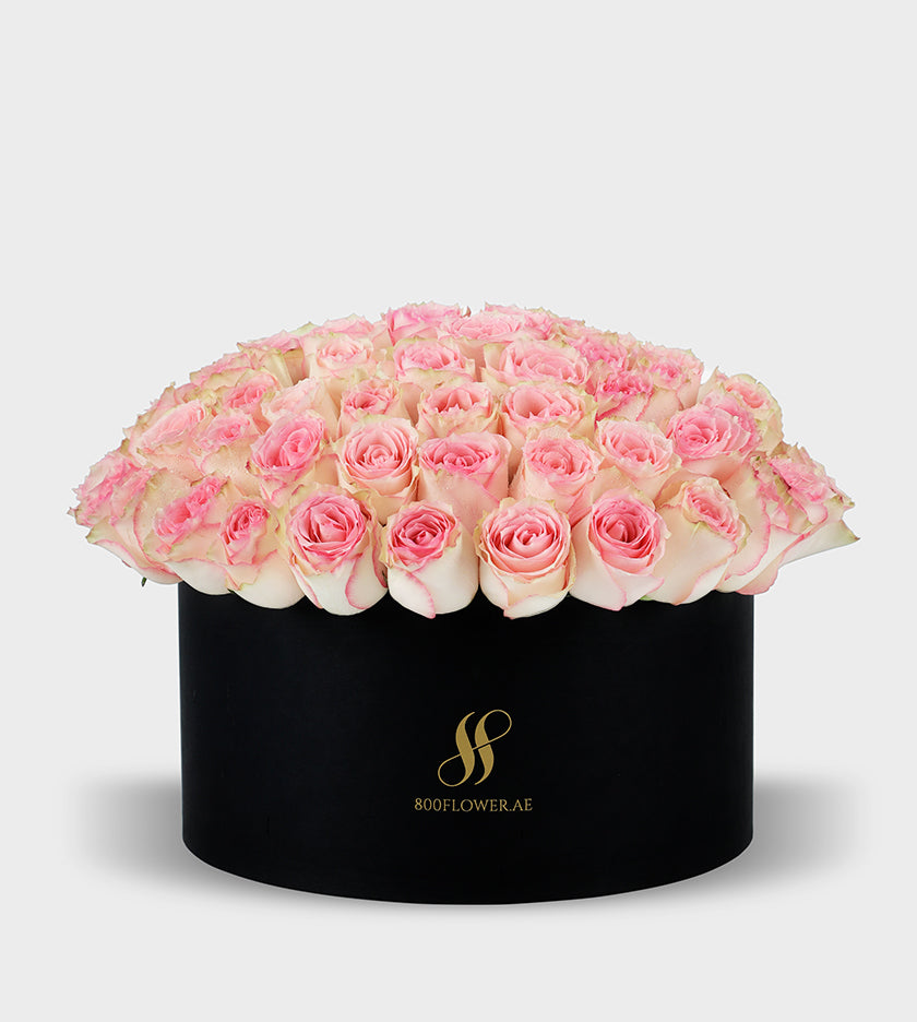 Pink Roses Small Round Box with 70 romantic pink roses, beautifully arranged to symbolize affection, admiration, and heartfelt emotions.
