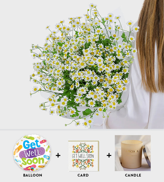 Get Well Soon bouquet bundle with flowers, premium greeting card, and scented candle – thoughtful recovery gift