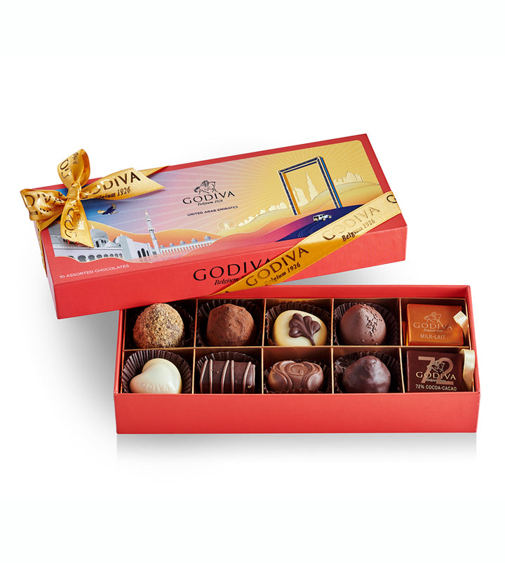 Godiva Heritage Gift Box with 10 premium assorted chocolates.