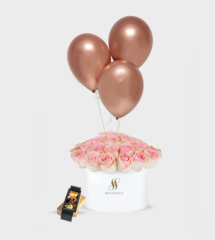Birthday bundle with soft pink roses in white vase, pink balloons, and discovery platter – elegant birthday gift