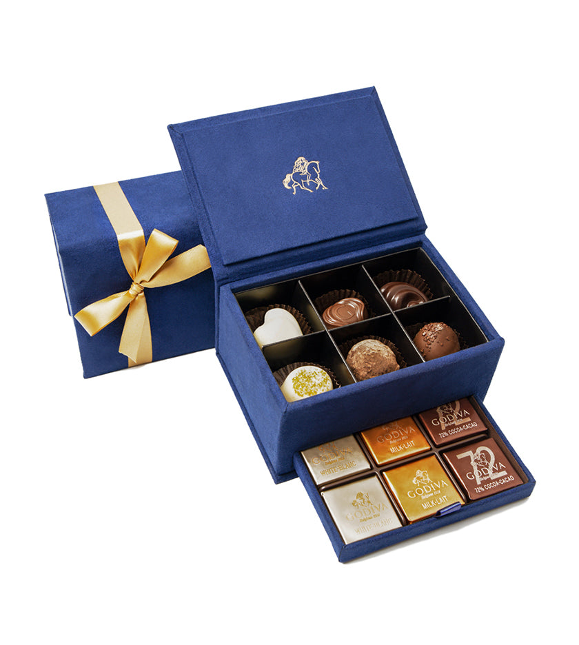 Elegant velvet box with GODIVA assorted milk, dark, and white chocolates – 6 pralines & 12 Carrés.