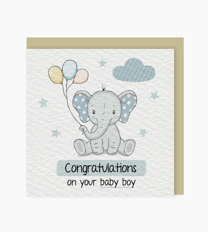 Baby Boy congratulations card with purple laminated lettering, blank inside for personal message, includes beige envelope