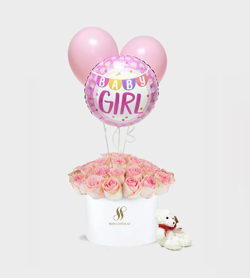 Adorable new baby gift set with flowers, teddy bear, and cheerful balloons – perfect welcome gift for little princess