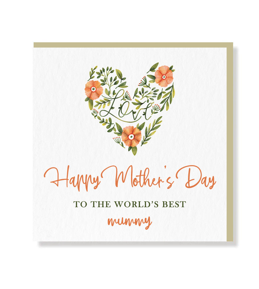 Premium 'To The World's Best Mum' greeting card with matt finish lettering and beige envelope – blank inside for personal message