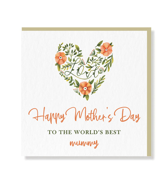 Premium 'To The World's Best Mum' greeting card with matt finish lettering and beige envelope – blank inside for personal message