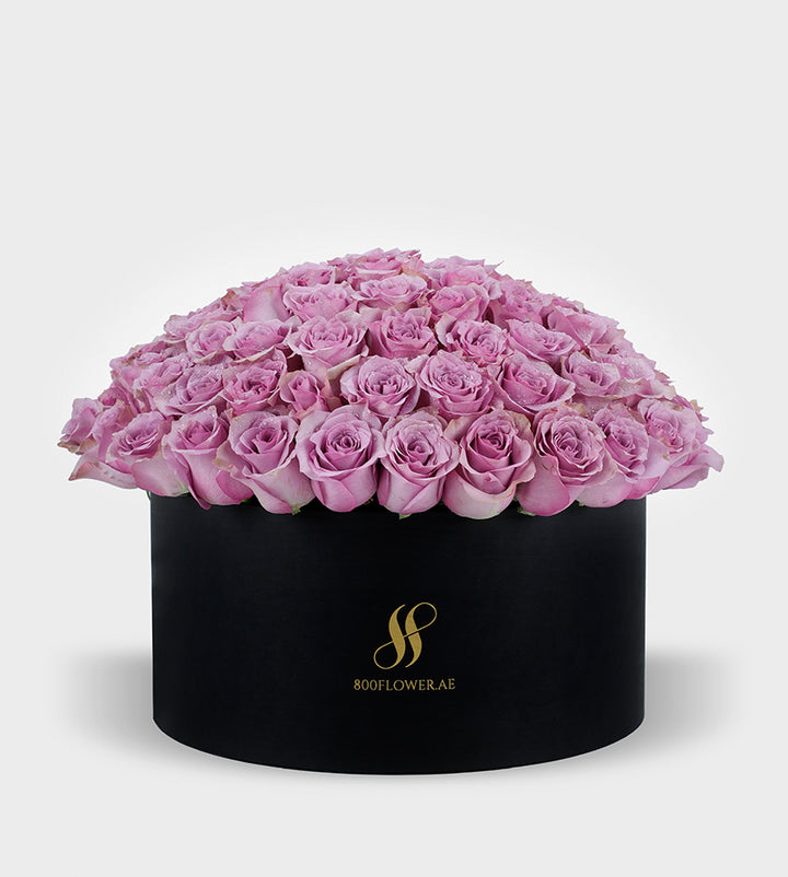 Unveil the enchanting mystery of our Purple Roses in a petite round box. With 70 exquisite blooms, it's a subtle yet alluring expression of admiration and fascination. Gift this arrangement to someone special and watch their heart melt.